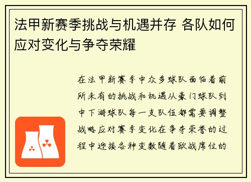 法甲新赛季挑战与机遇并存 各队如何应对变化与争夺荣耀